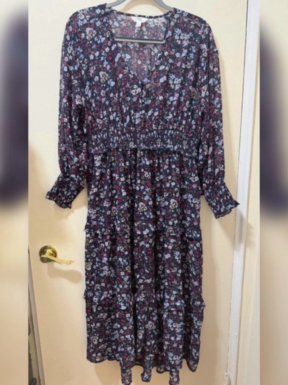 Time and Tru Navy Floral Long-Sleeve Tiered Maxi Dress